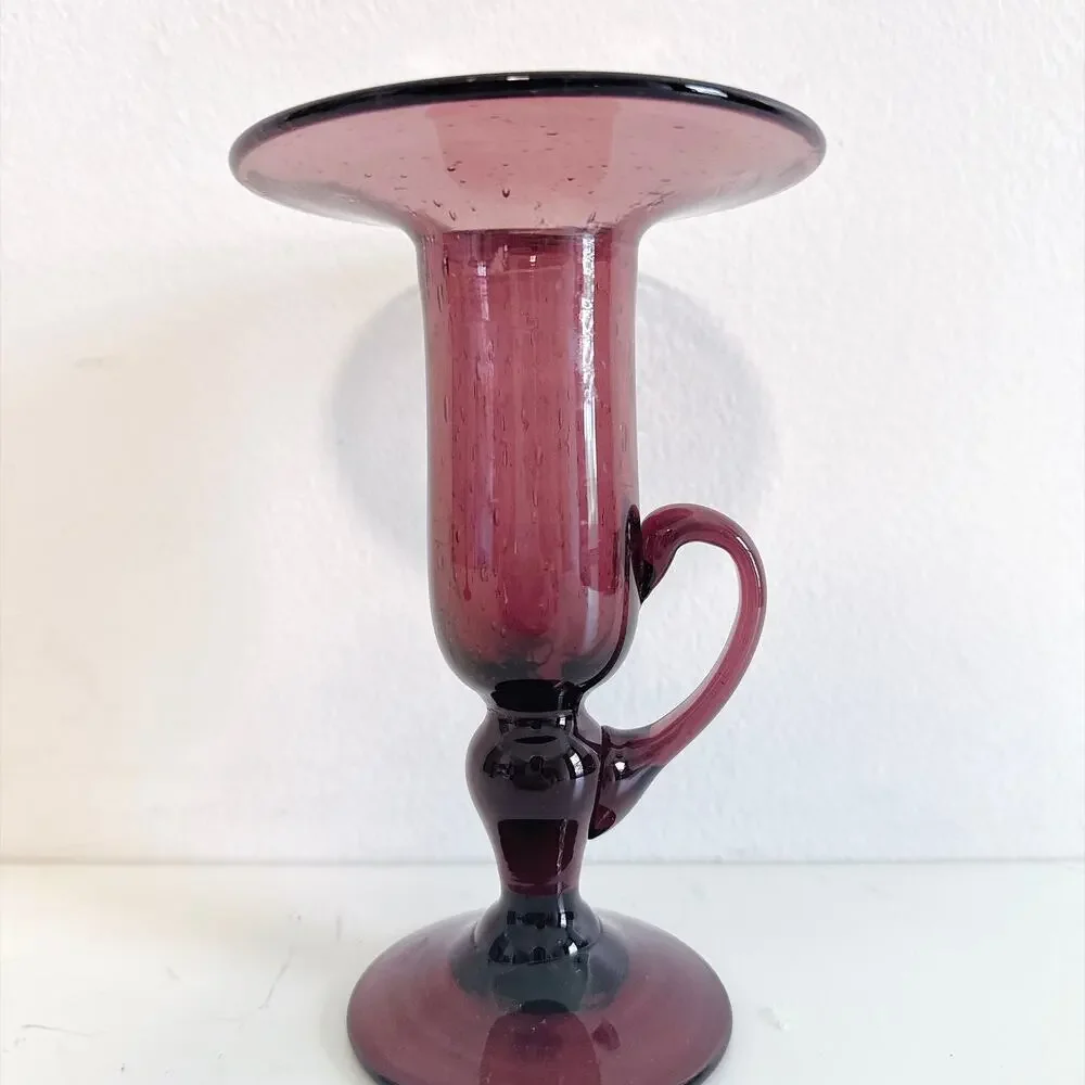 VTG LA VERRERIE DE BIOT FRENCH AMETHYST BUBBLE BLOWN GLASS PAIR CANDLE HOLDERS